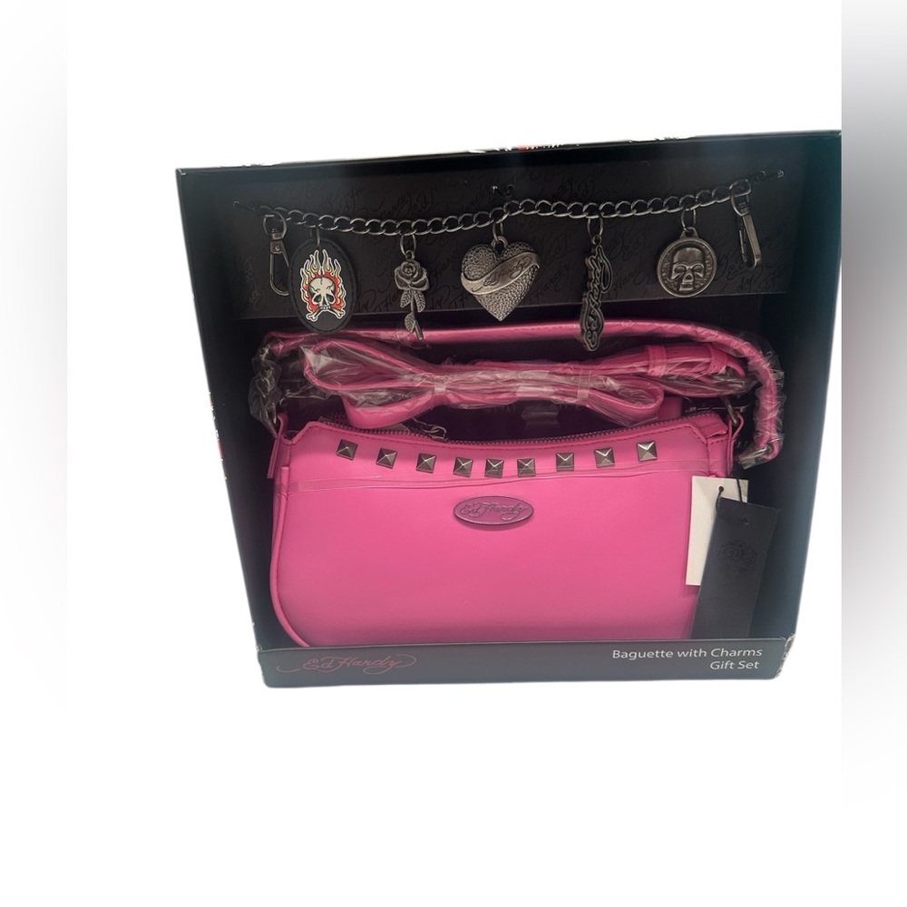 Ed Hardy Baguette Pink Shoulder Crossbody Bag Gift‎ Set With Charms New In Box